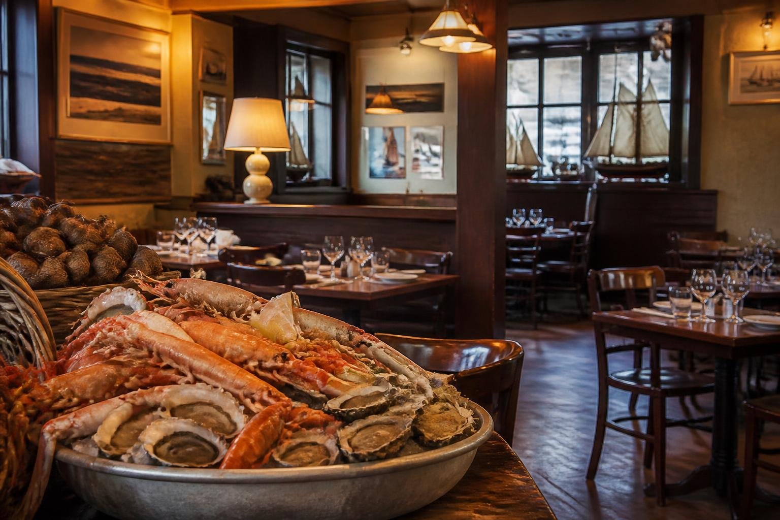 Intérieur chaleureux d'un restaurant de fruits de mer avec décoration traditionnelle