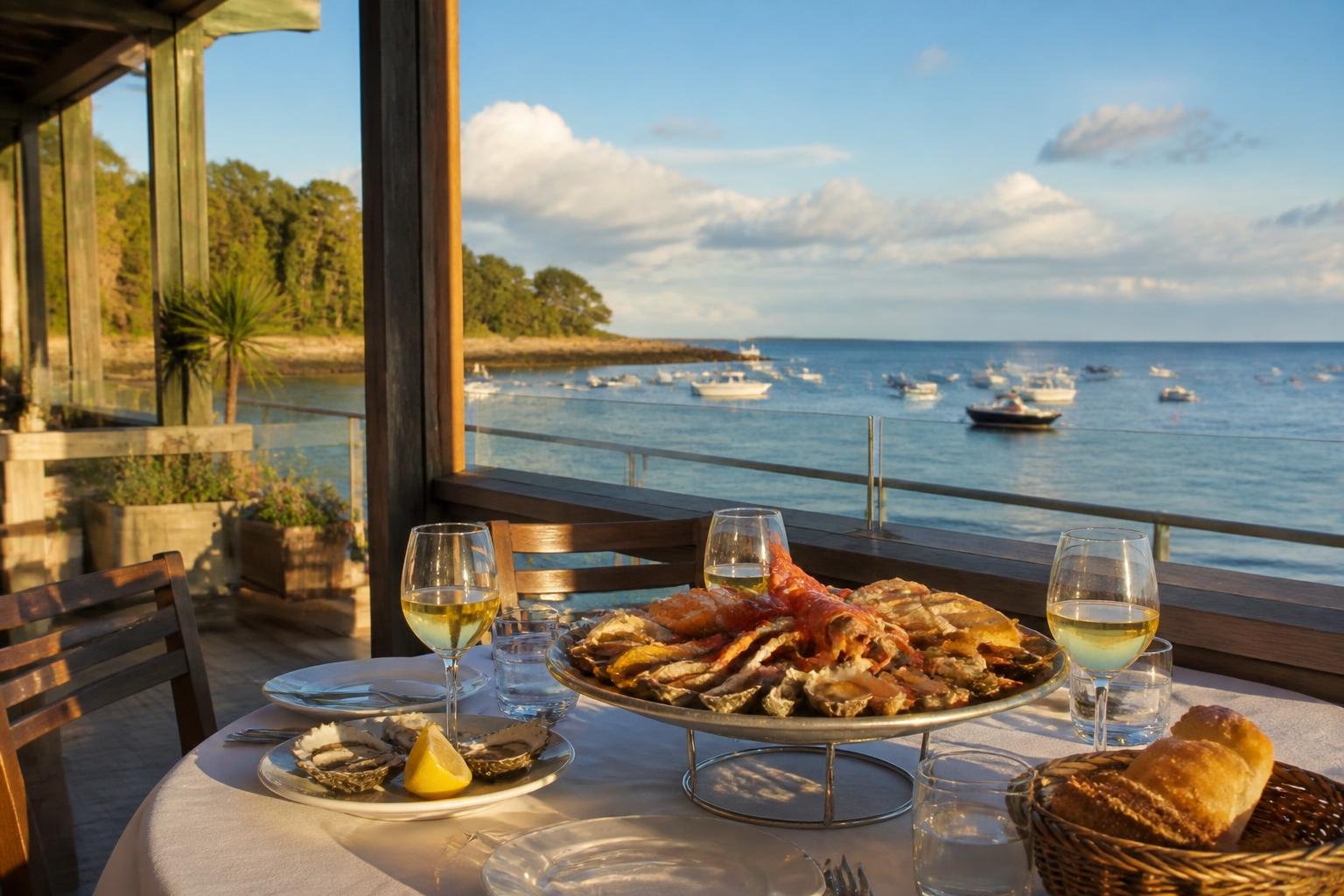 Vue d'une terrasse de restaurant en bord de mer avec vue sur la baie