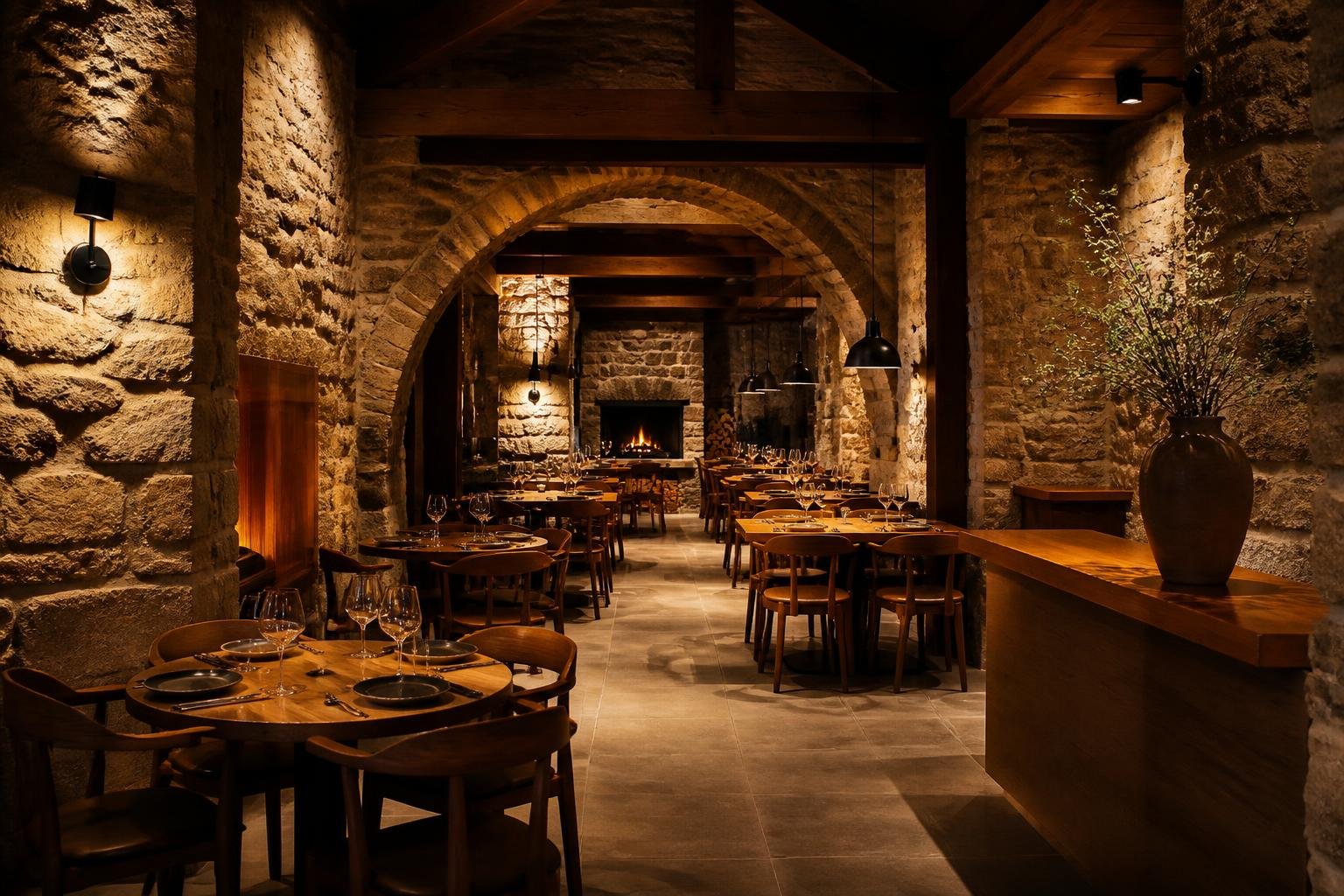 Intérieur de restaurant avec murs en pierre et décor en bois chaleureux