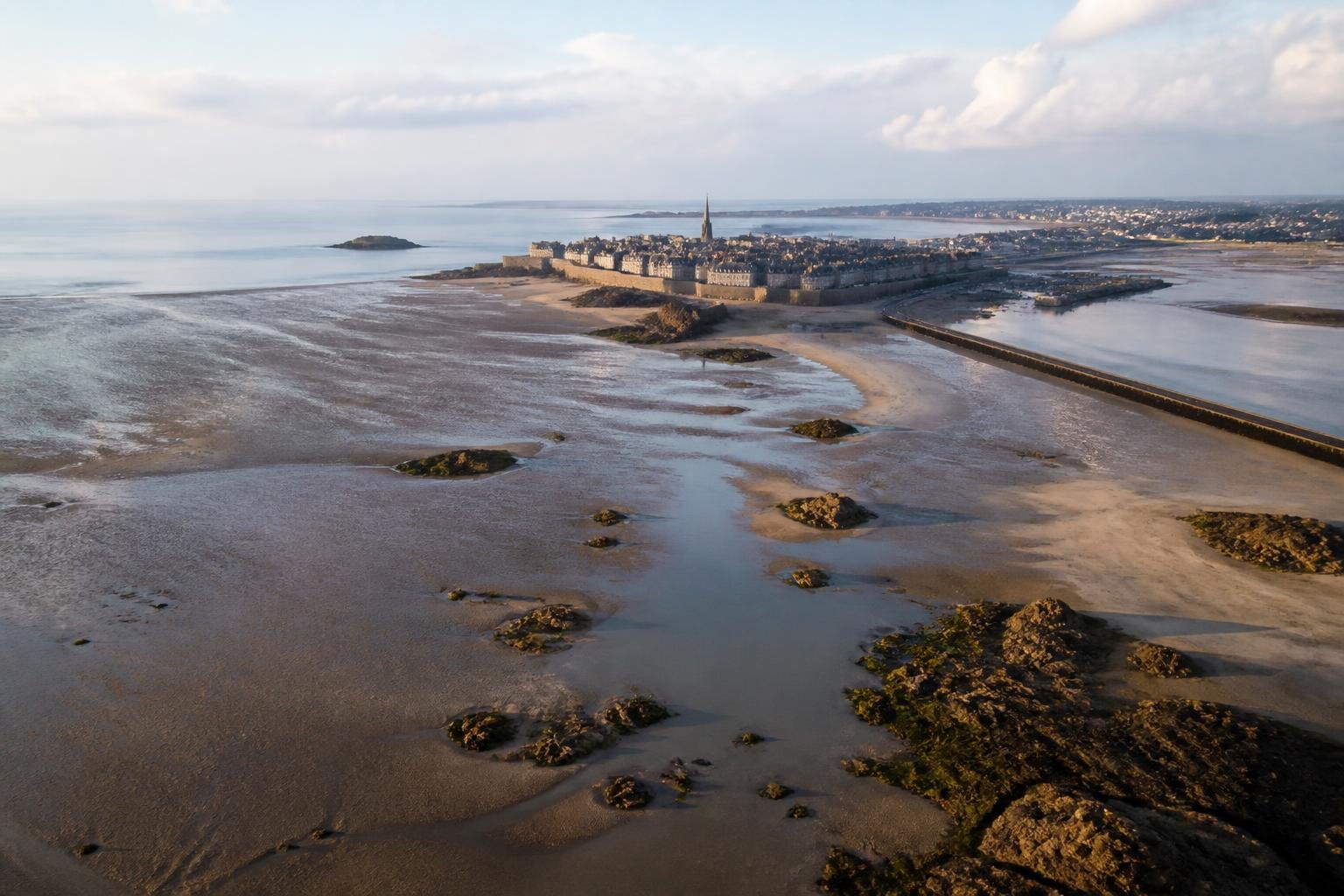 Vue aérienne de la baie de Saint-Malo à marée basse, révélant les vastes étendues de sable et de rochers