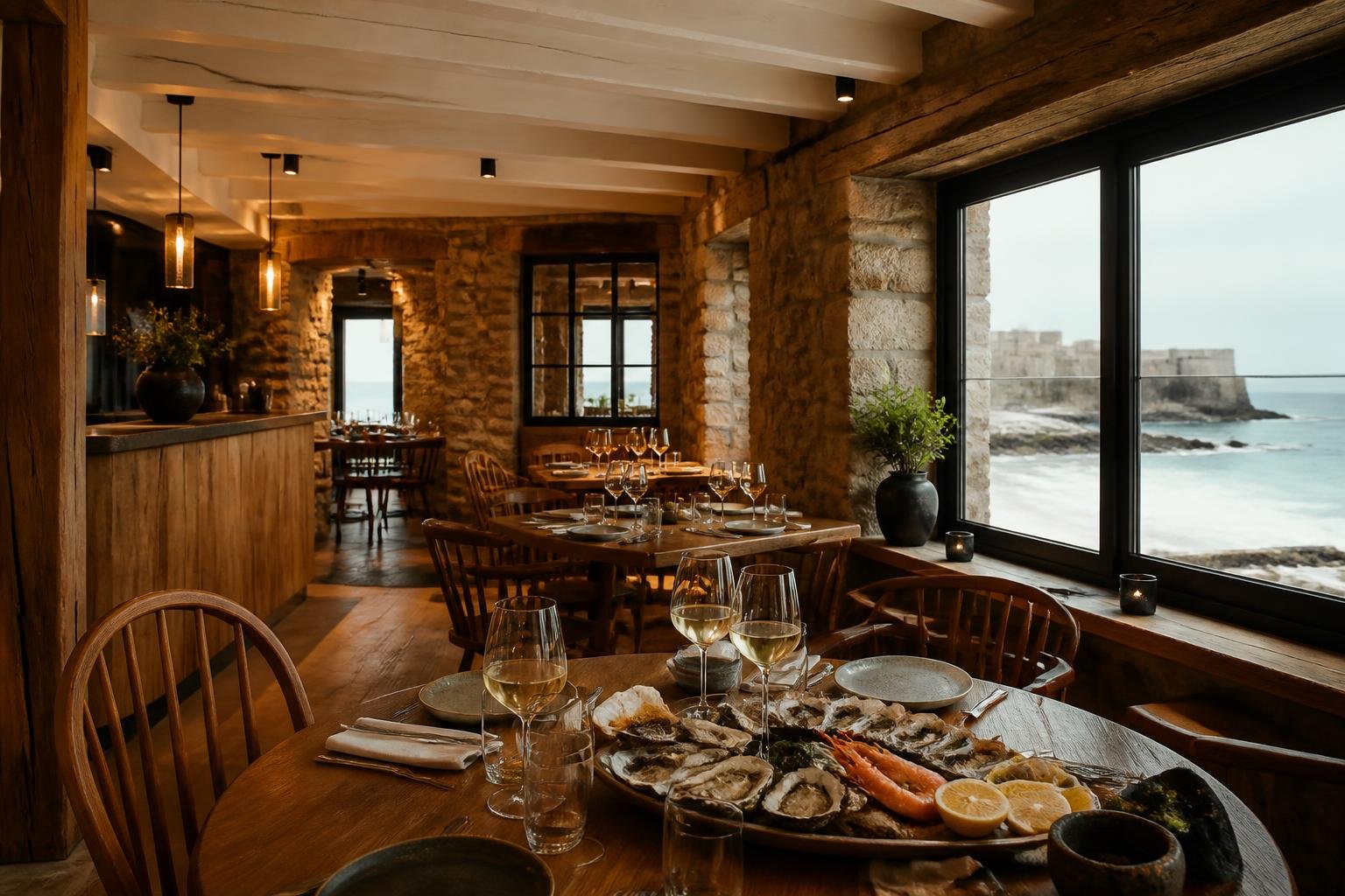 Intérieur chaleureux d'un restaurant de fruits de mer à Saint-Malo, avec pierre et bois
