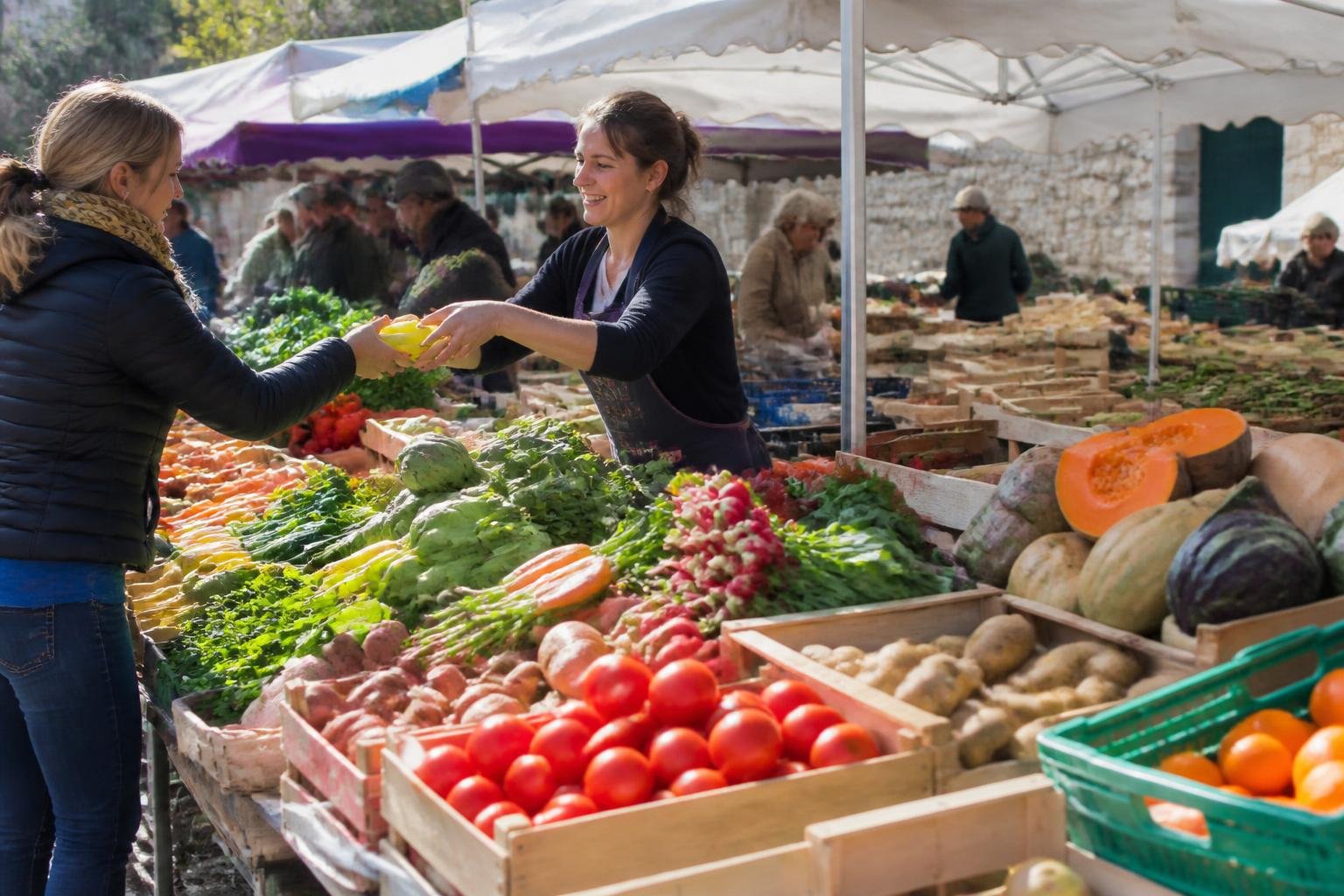 Producteurs locaux vendant fruits et légumes au marché breton
