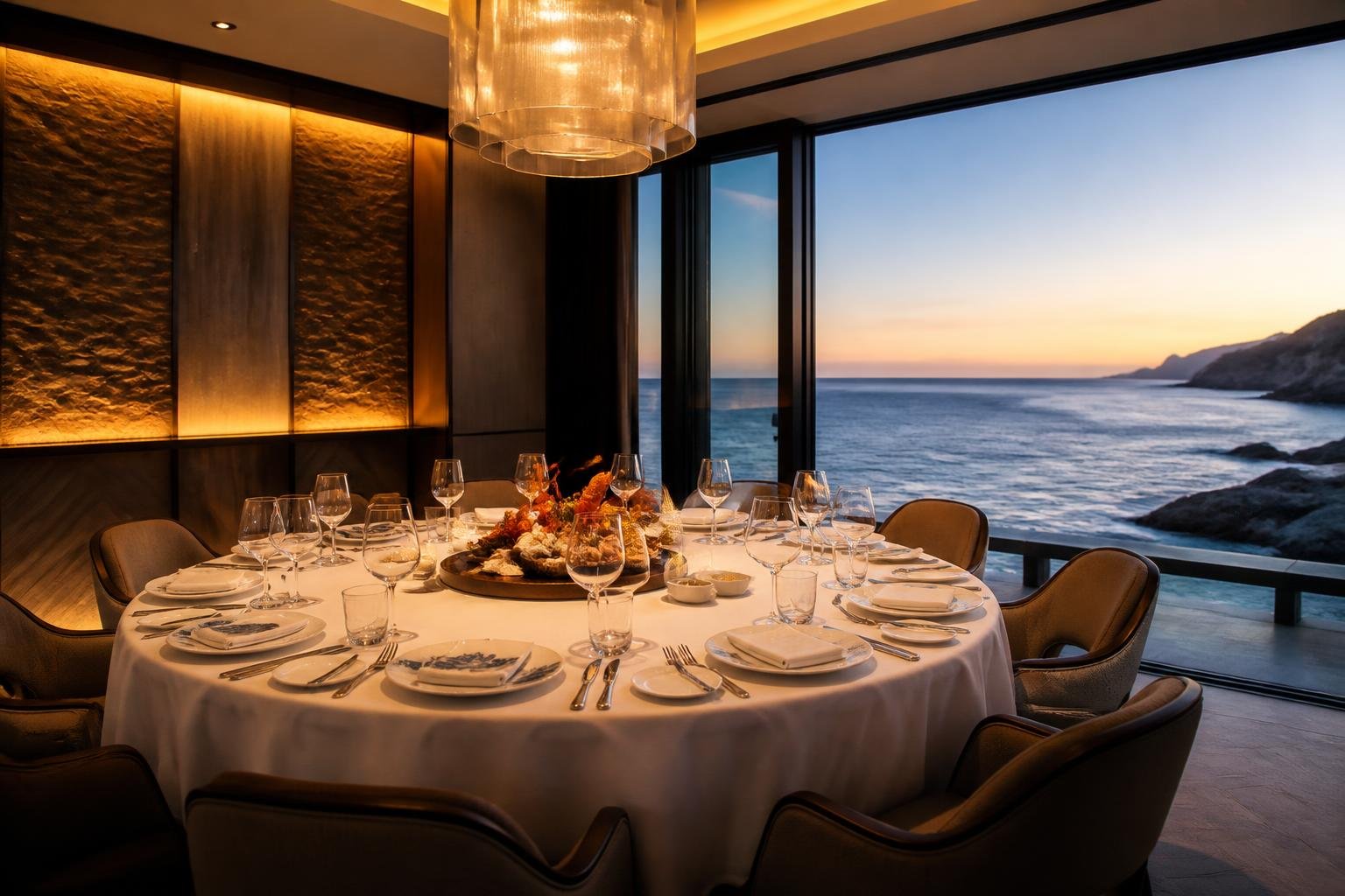 Salle de restaurant élégante avec table dressée, vue sur la mer et ambiance chaleureuse